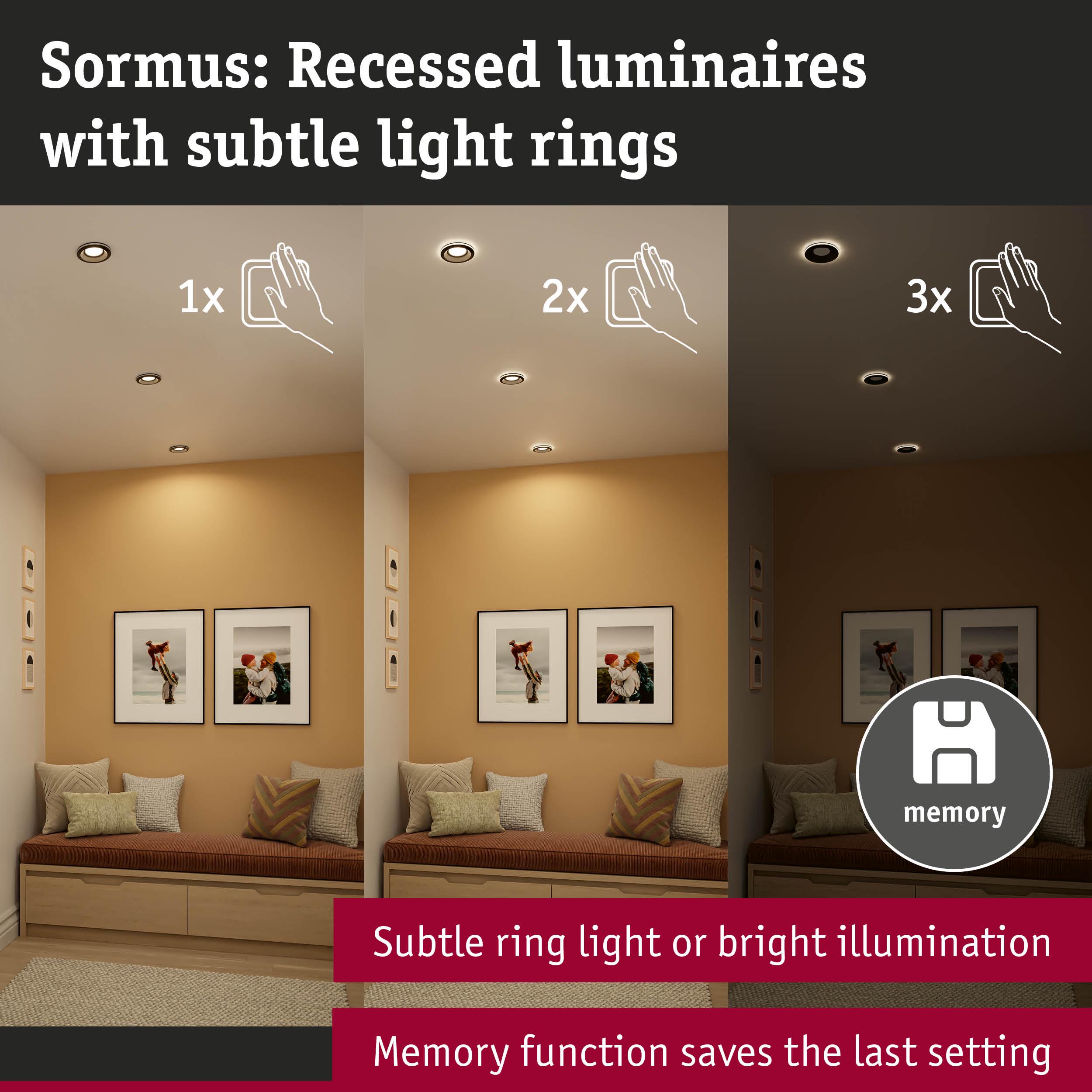 Sormus recessed luminaires with subtle light rings in living room, memory function and adjustable brightness