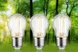 Three LED light bulbs with clear glass and silver base against green forest background