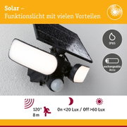 Schwarze Solar-Außenleuchte mit IP65 Schutz und austauschbarem Akku, wetterfest mit Bewegungsmelder.