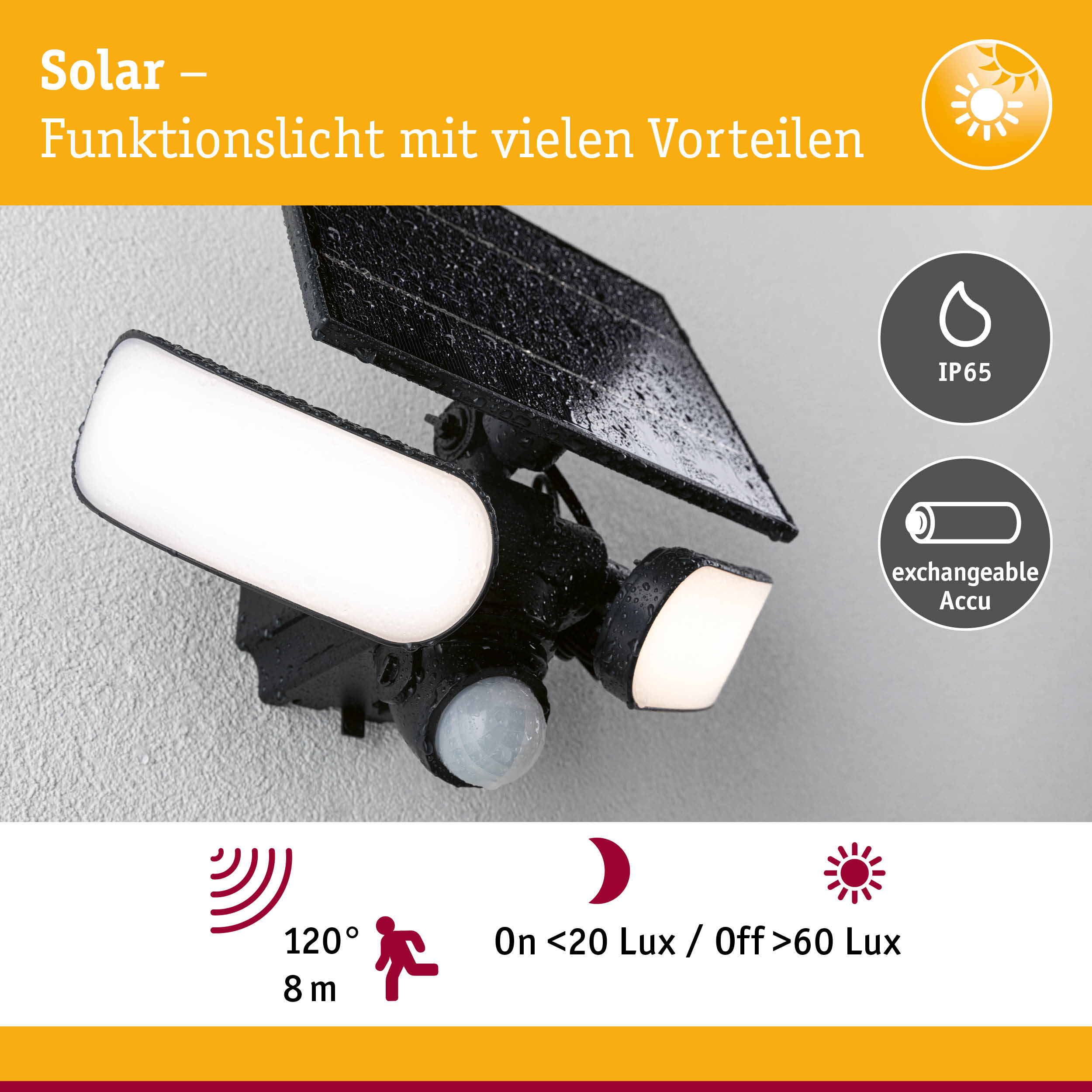 Schwarze Solar-Außenleuchte mit IP65 Schutz und austauschbarem Akku, wetterfest mit Bewegungsmelder.
