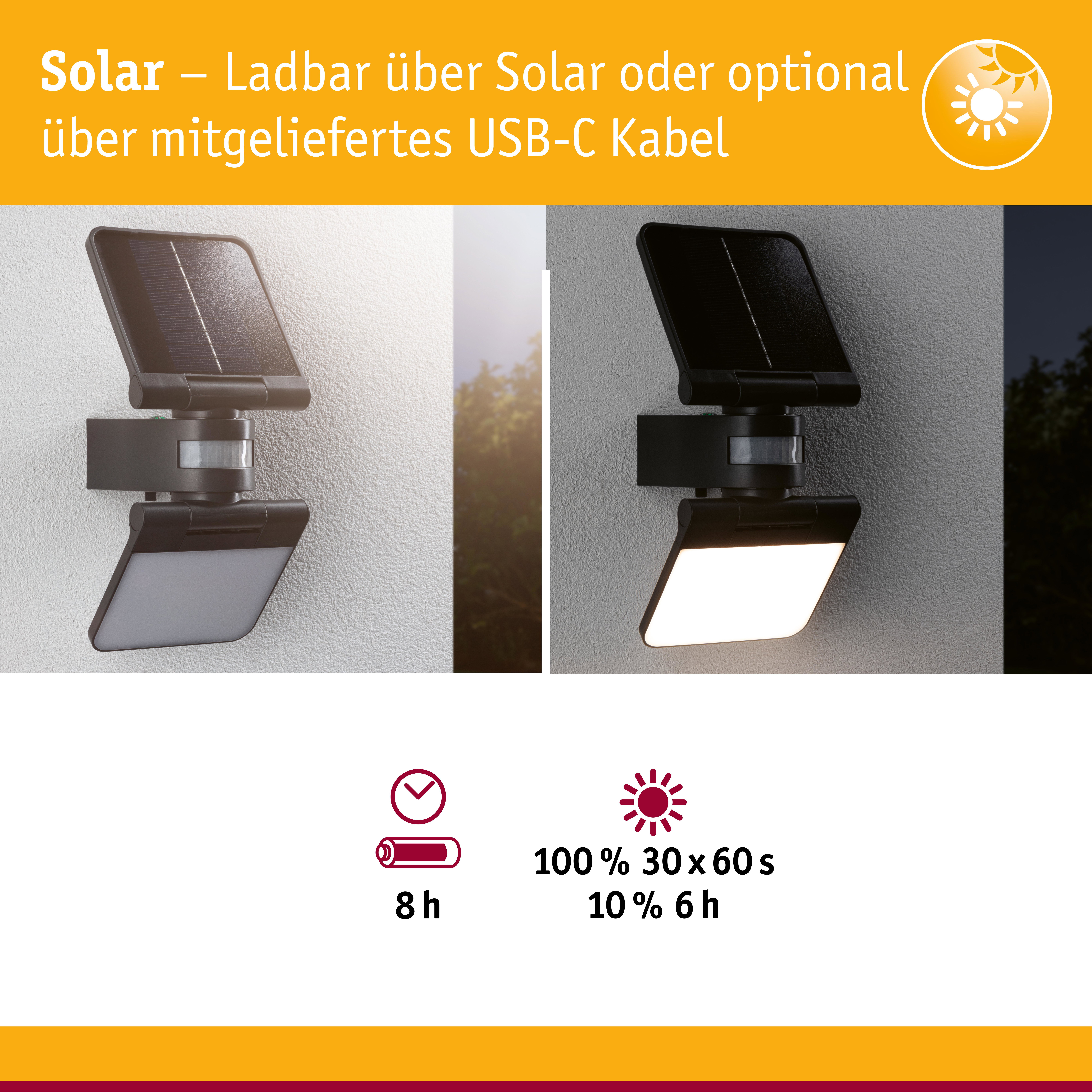 Solar LED Wandfluter Lesla Dämmerungsgesteuerter Bewegungsmelder (IR) IP65 eckig 150x319mm 3000K 12,5W 1000lm 3,7V Anthrazit Kunststoff