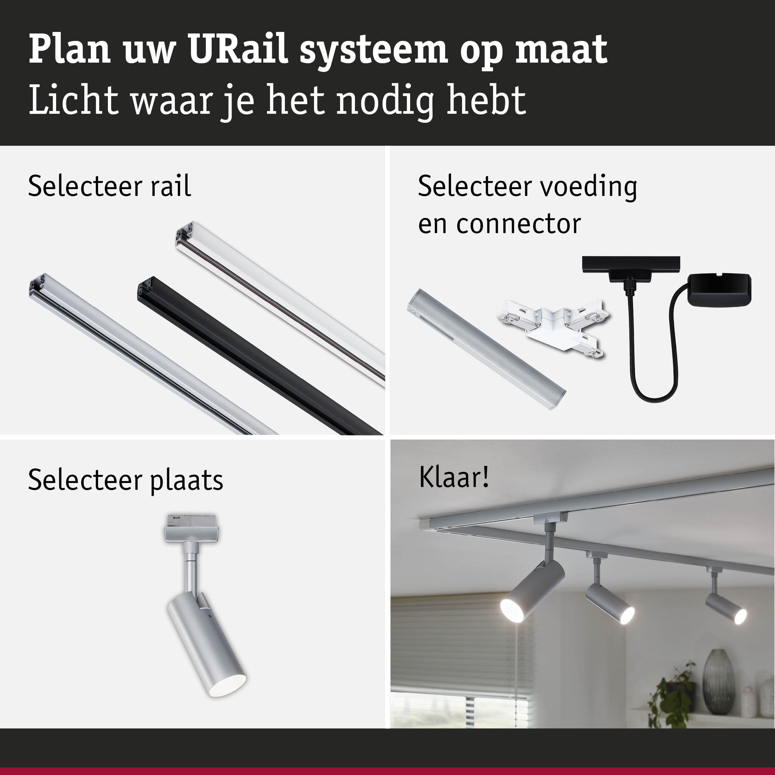 Modulair URail railsysteem met aluminium rails en verstelbare LED-spotlights voor maatwerkverlichting