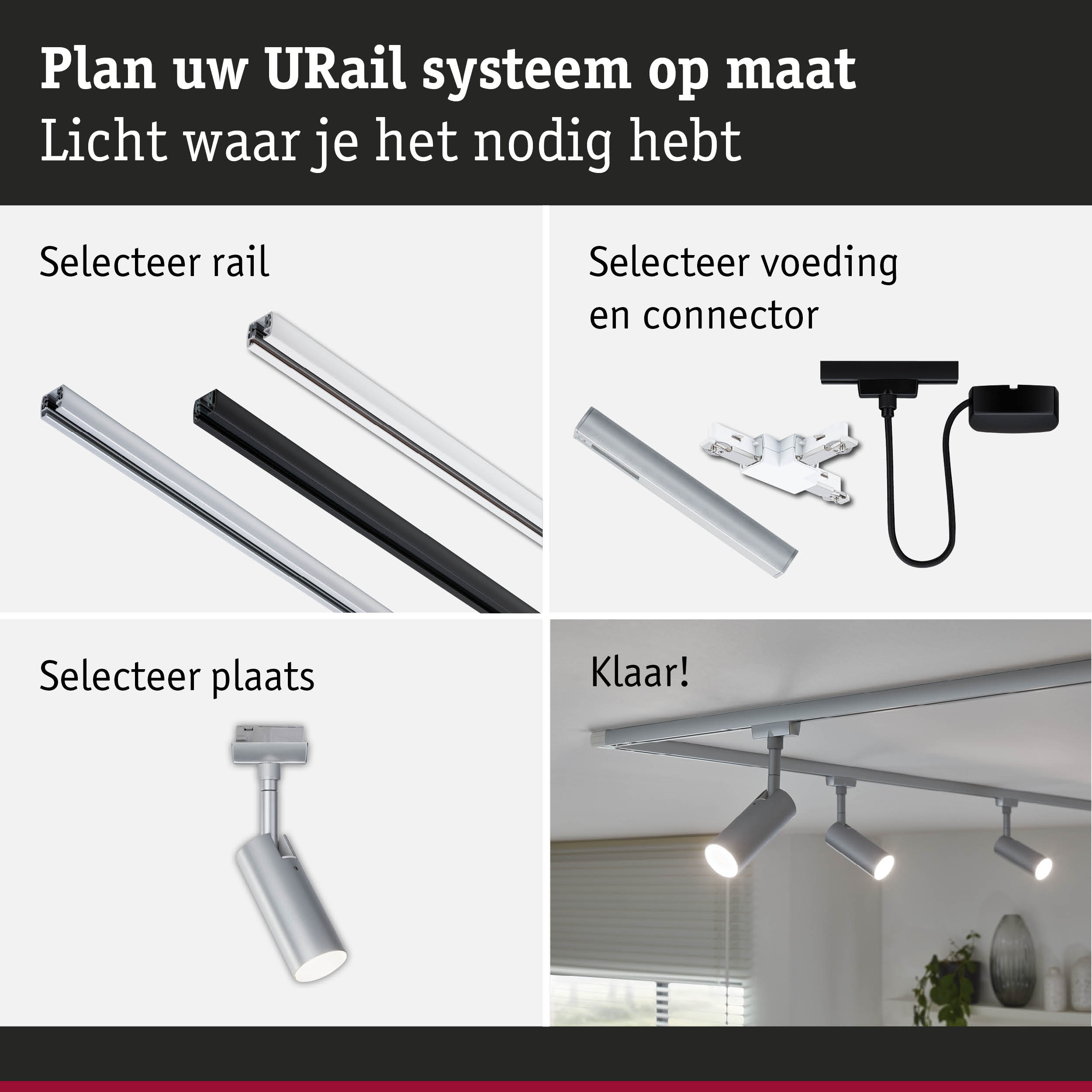 Modulair URail railsysteem met aluminium rails in zwart en zilver voor flexibele LED-verlichting