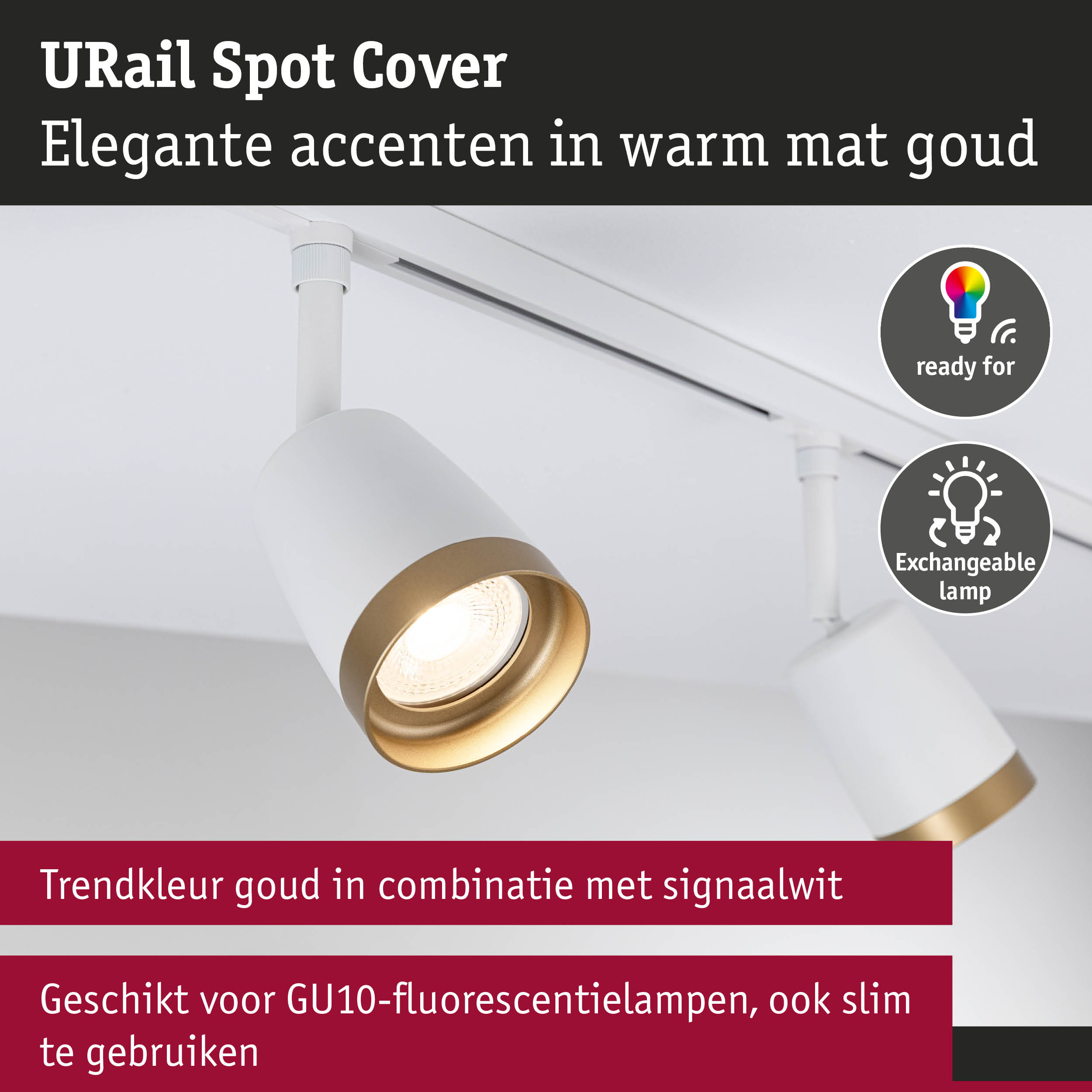 URail Spot Cover met mat gouden accent en wit ontwerp geschikt voor GU10 lampen
