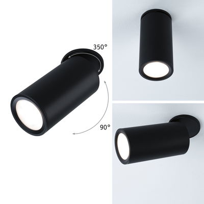 Schwarze LED-Deckenleuchte aus Metall mit 350° drehbarem Zylinder für flexible Raumbeleuchtung