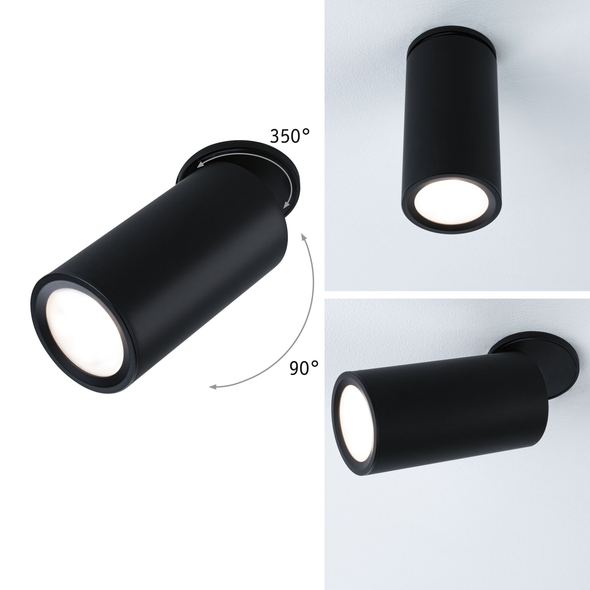 Sort metal LED-loftlampe med 350° drejelig cylinder til justerbar belysning