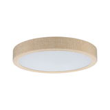 Round ceiling light with beige fabric edge and white diffuser for warm ambient lighting