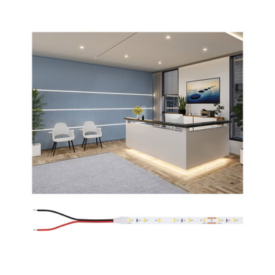LED-Lichtband mit warmweißer Beleuchtung in modernem Büro mit blauem Wanddesign und Empfangstresen