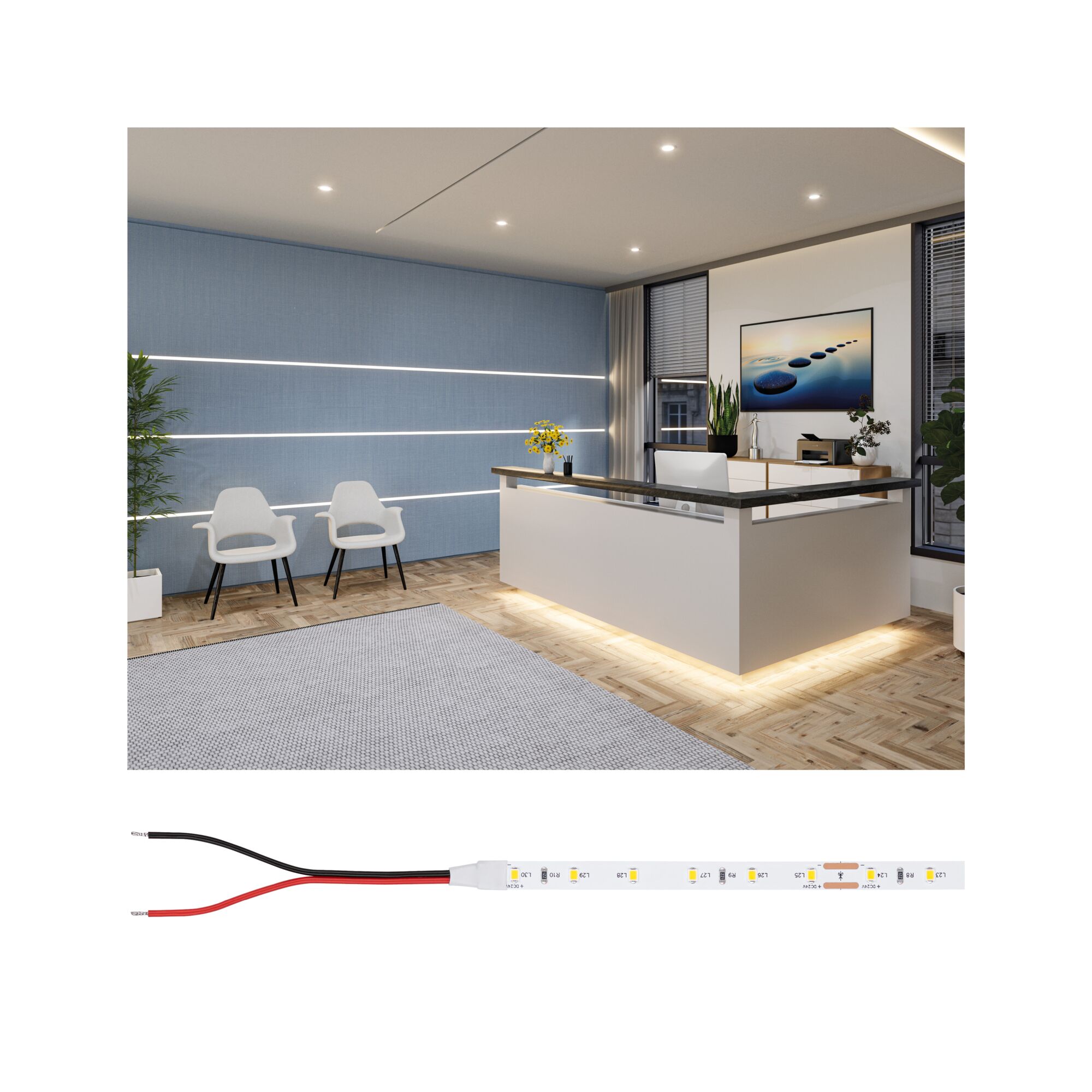Bureau moderne avec spots LED au plafond et éclairage indirect sous le comptoir d'accueil blanc et bois