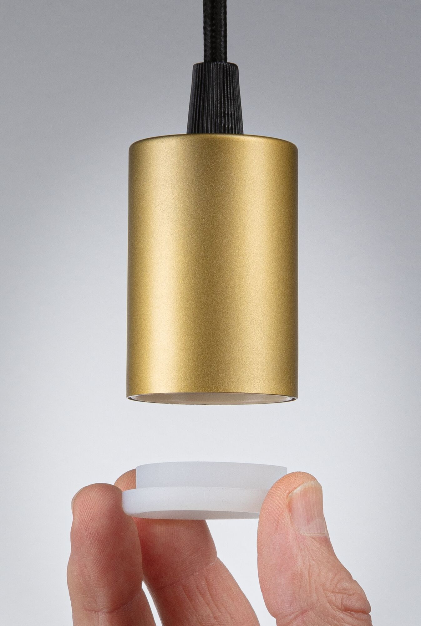 Gold aluminum pendant lamp head with black cable and white diffuser for LED lighting fixtures.