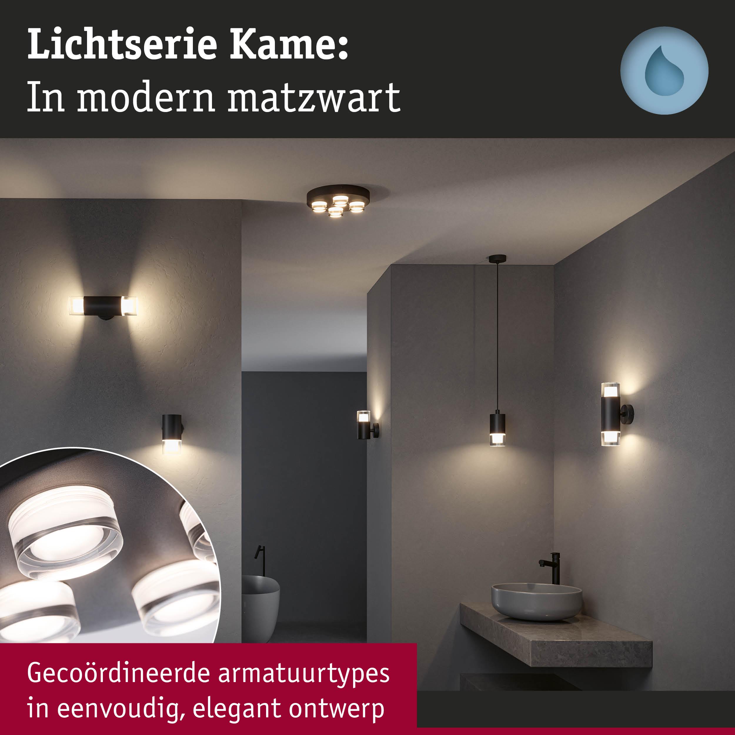 Moderne matzwarte Kame lichtserie met gecoördineerde armaturen voor elegante badkamerverlichting