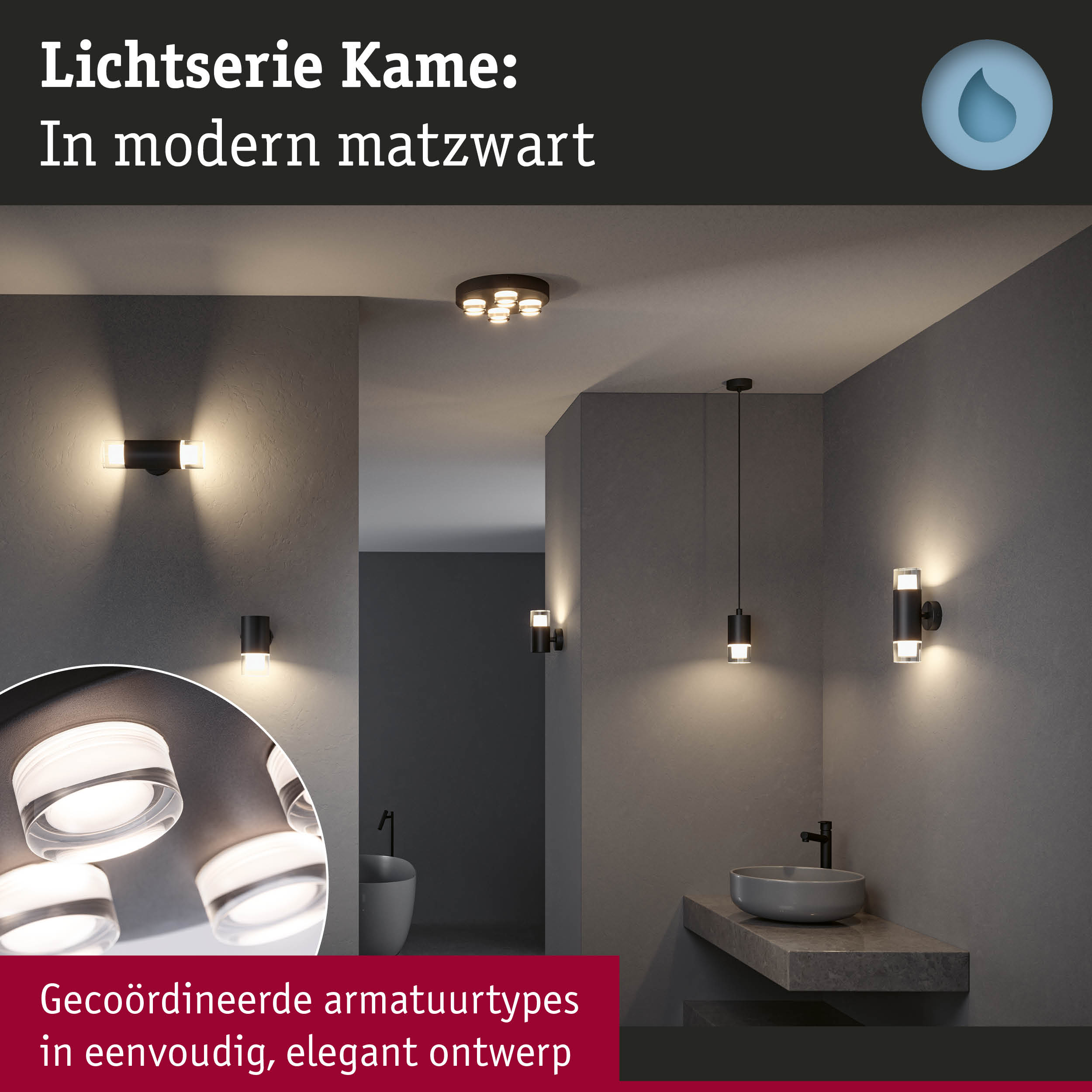 Moderne matte zwarte wand- en plafondlampen in elegante badkamer met grijze muren en minimalistisch design