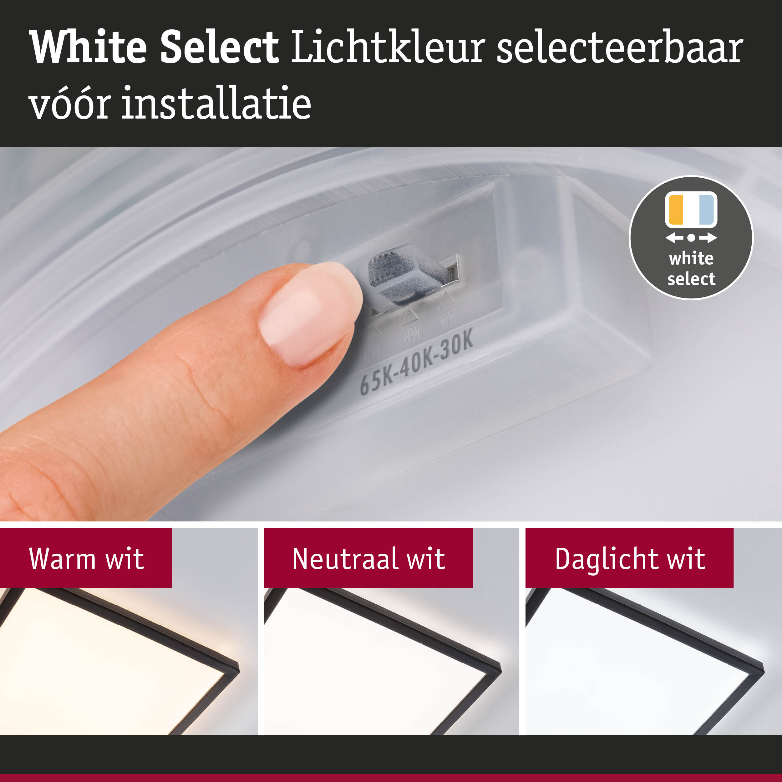 Vinger stelt witte lichtkleur in op LED-armatuur met drie lichtopties warm wit, neutraal wit, daglicht wit