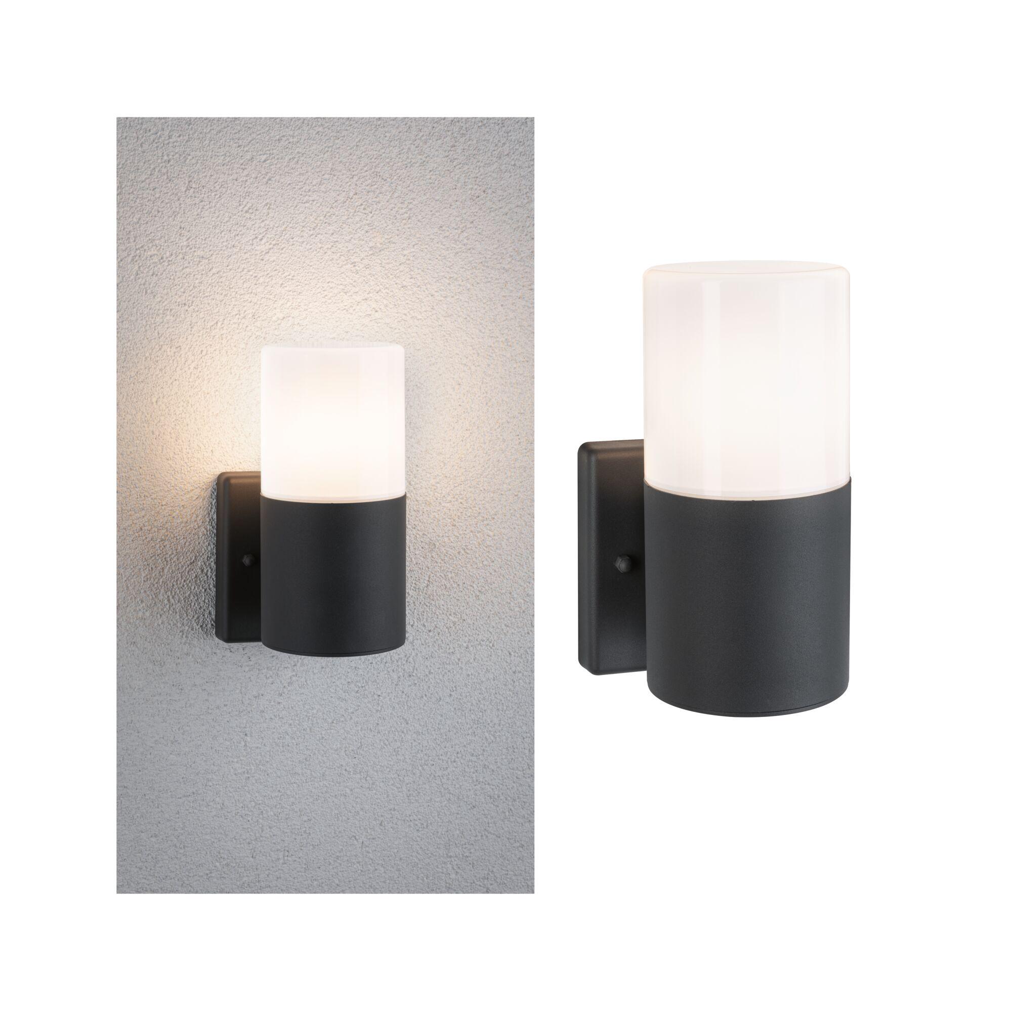 Exterior Wall Light Tubs IP44 round 105x175mm max. 15W 230V Grey matt Metal/Plastic Modern wall light with black metal body and white glass shade, suitable for indoor lighting