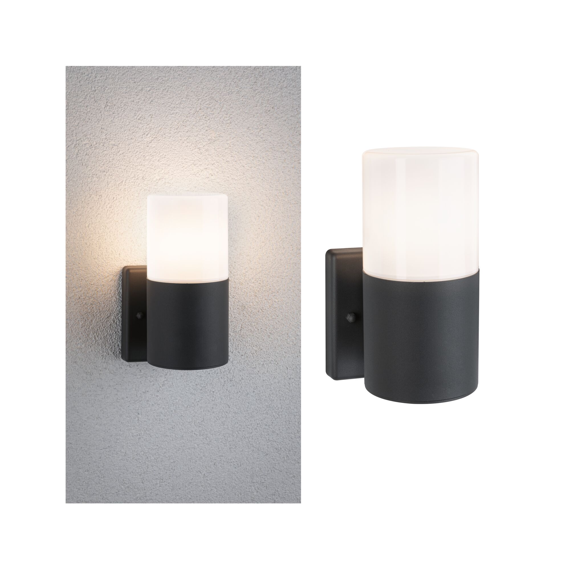 Wandarmaturen voor buiten Tubs IP44 rond 105x175mm max. 15W 230V Grijs mat Metaal/Kunststof Moderne wandlamp met zwart metalen behuizing en witte glazen kap, geschikt voor binnenverlichting