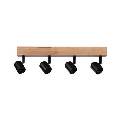 Four-light ceiling spotlight with black metal and light wood for modern home lighting