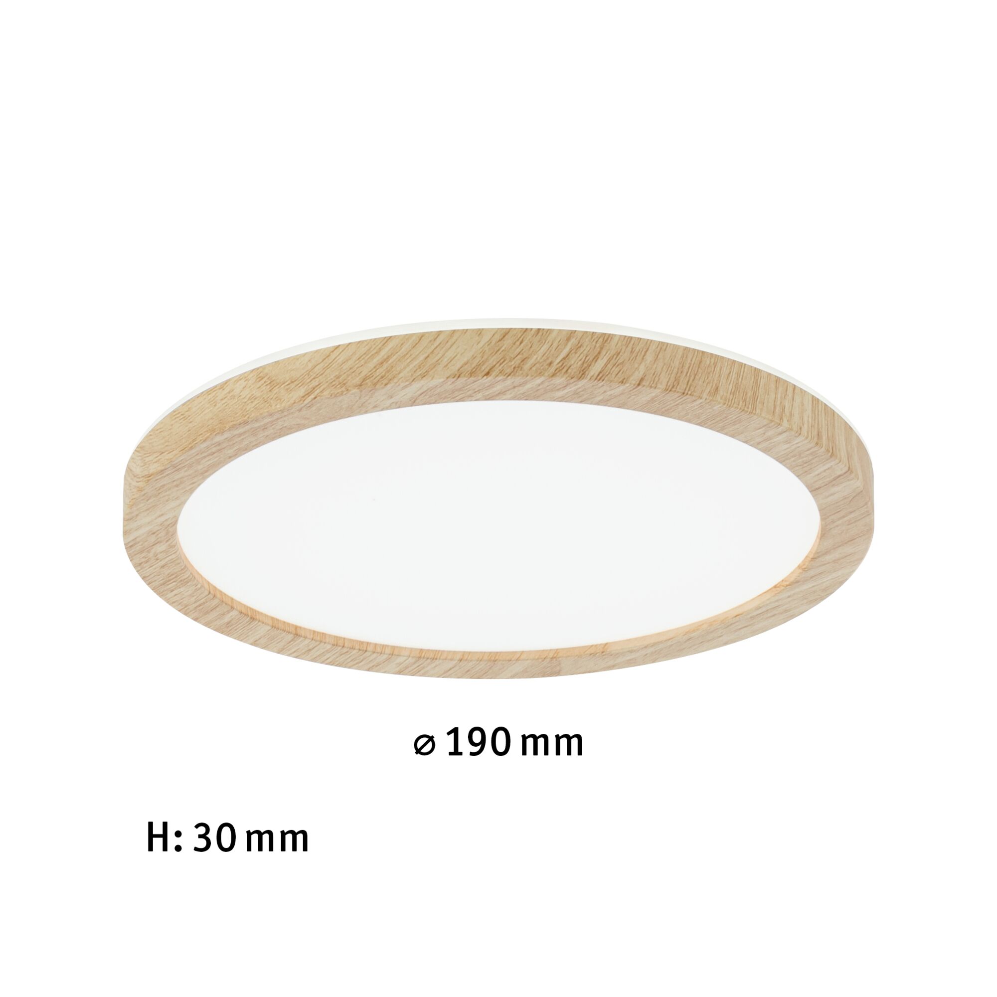 Round LED ceiling light with natural oak wood frame, 190 mm diameter, energy-efficient lighting solution