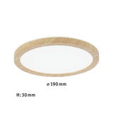 Round LED ceiling light with natural oak wood frame, 190 mm diameter, energy-efficient lighting solution