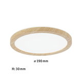 Plafonnier LED rond avec cadre en chêne naturel, diamètre 190 mm, éclairage économique
