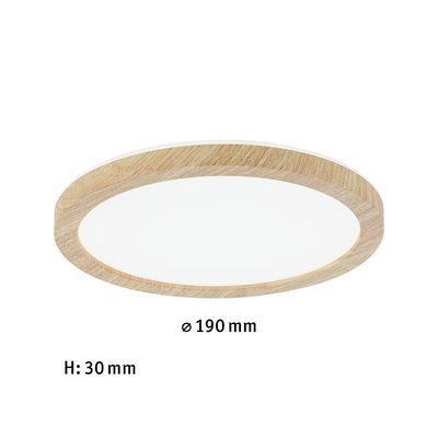 Round LED ceiling light with natural oak wood frame, 190 mm diameter, energy-efficient lighting solution
