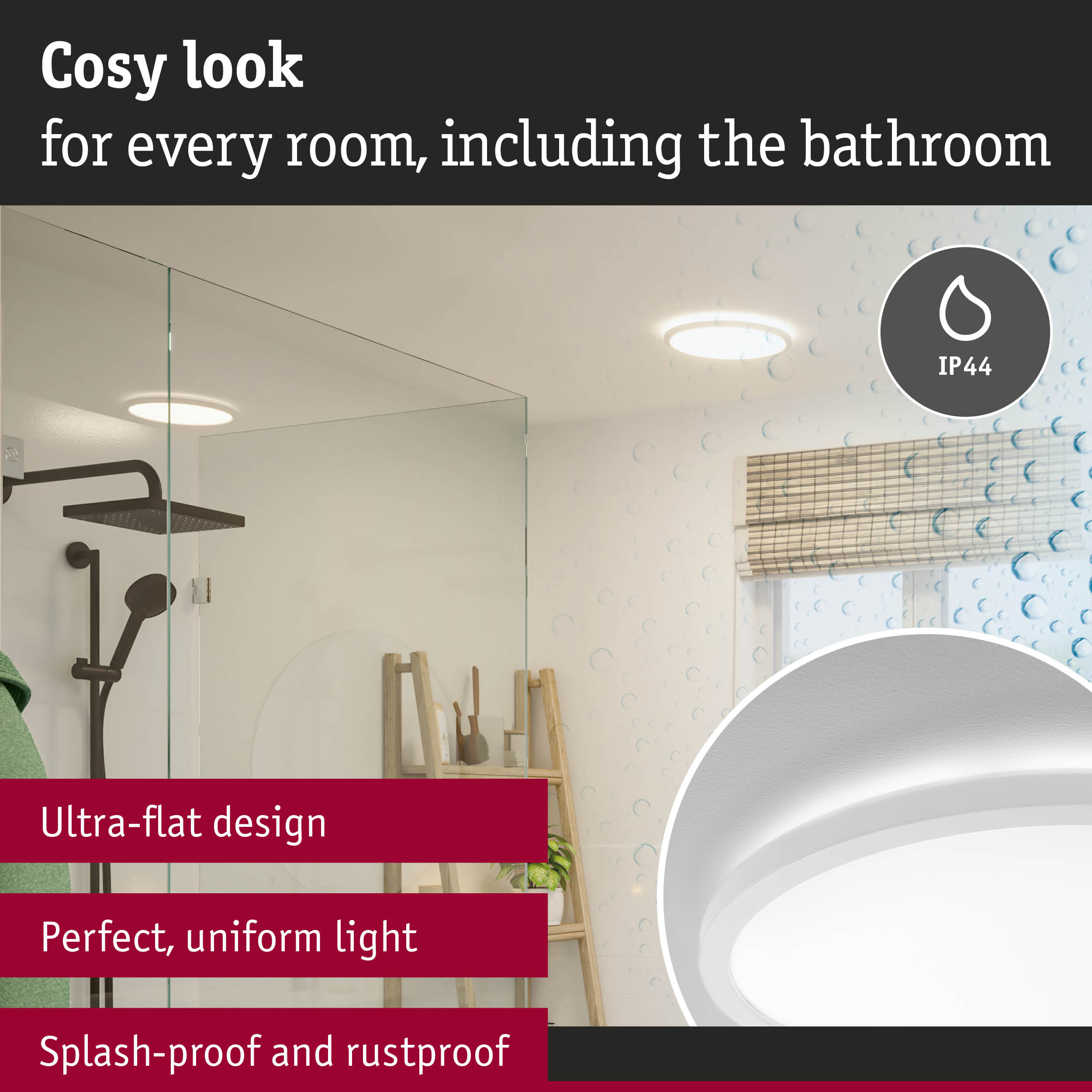 Ultra-flat white ceiling light with IP44 splash and rust protection for bathroom and living spaces