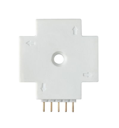 White plastic connector with five gold pins for LED track lighting system