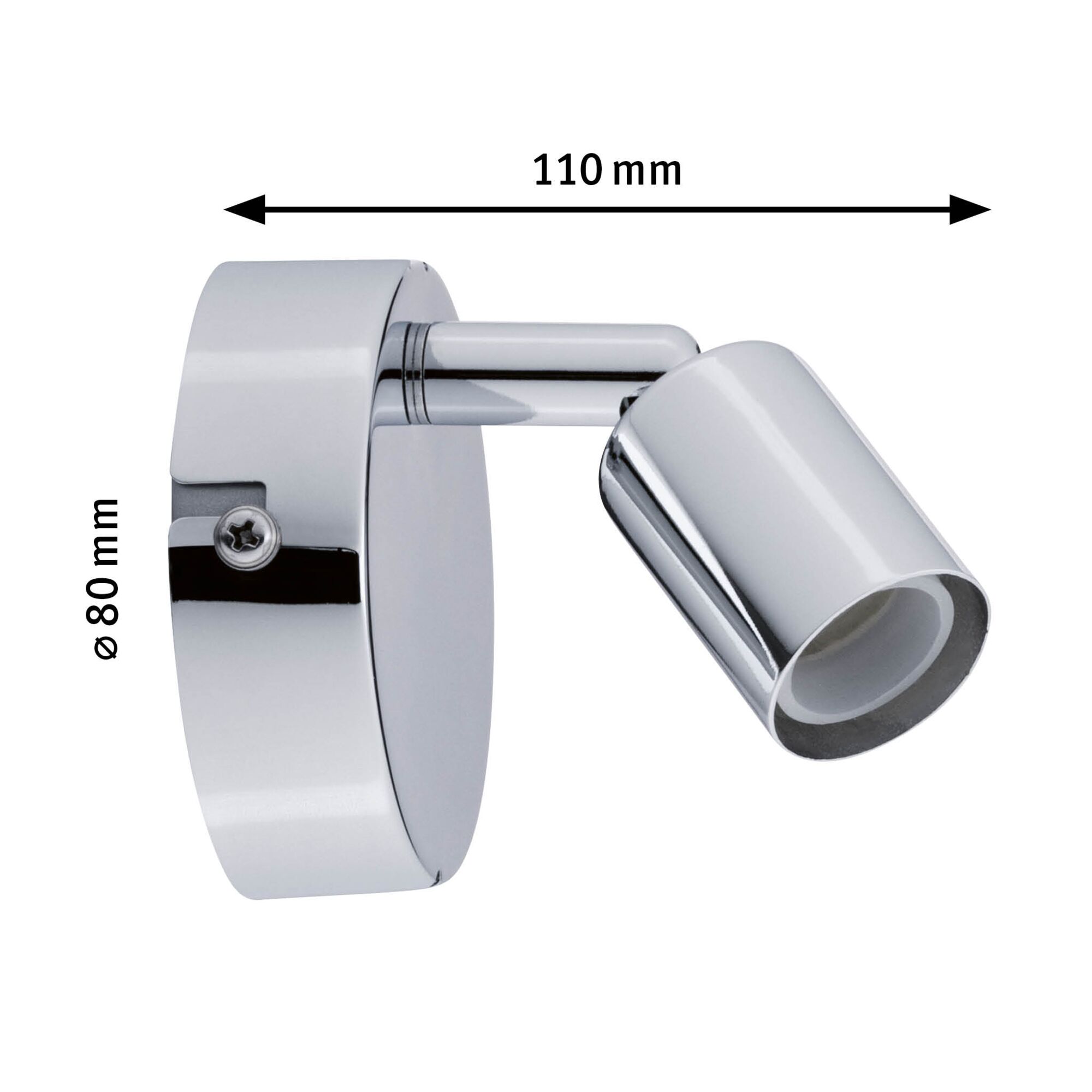 Adjustable chrome LED wall spotlight with 80 mm diameter and 110 mm length for focused lighting