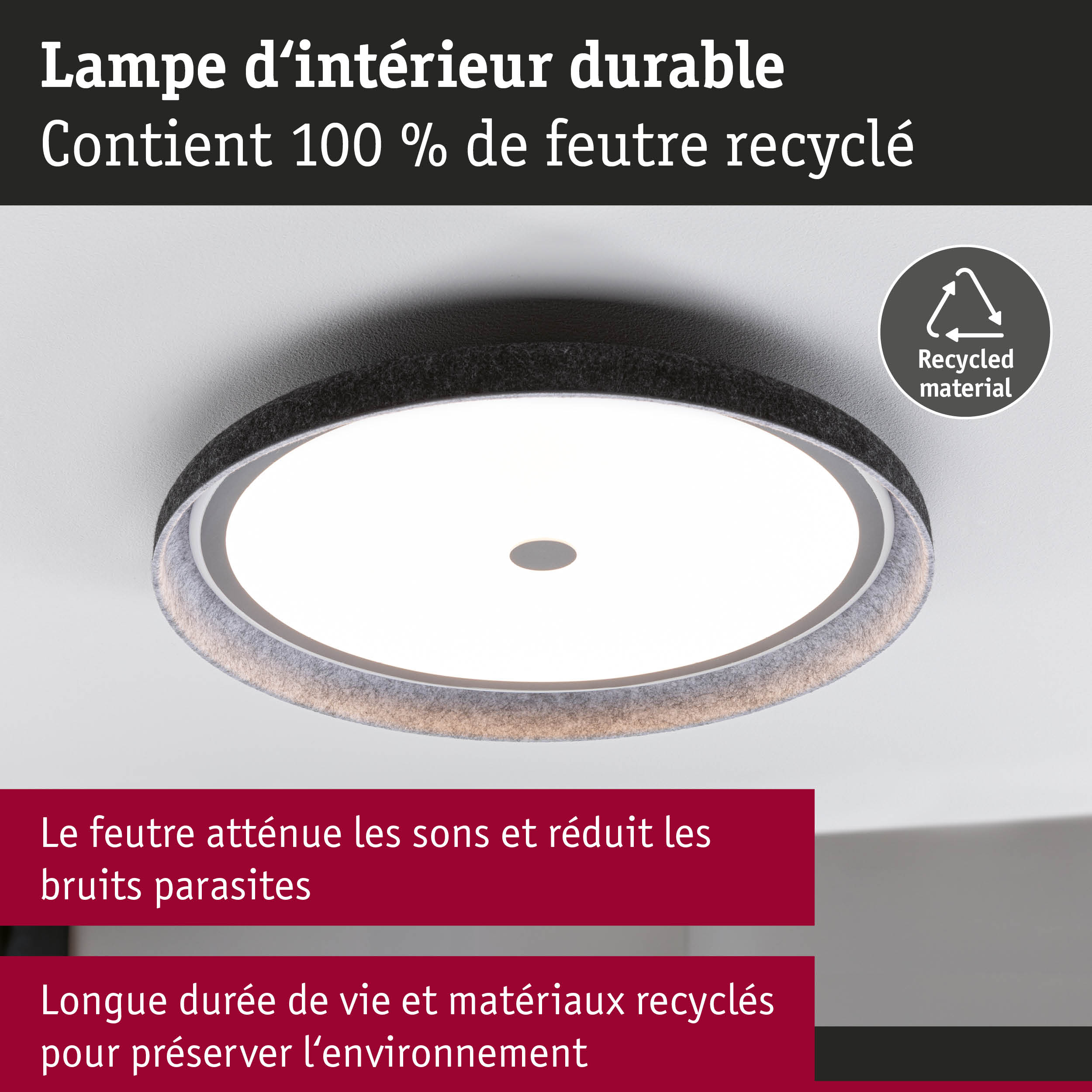 Lampe de plafond durable en feutre recyclé gris et noir à 100% pour un éclairage intérieur écologique