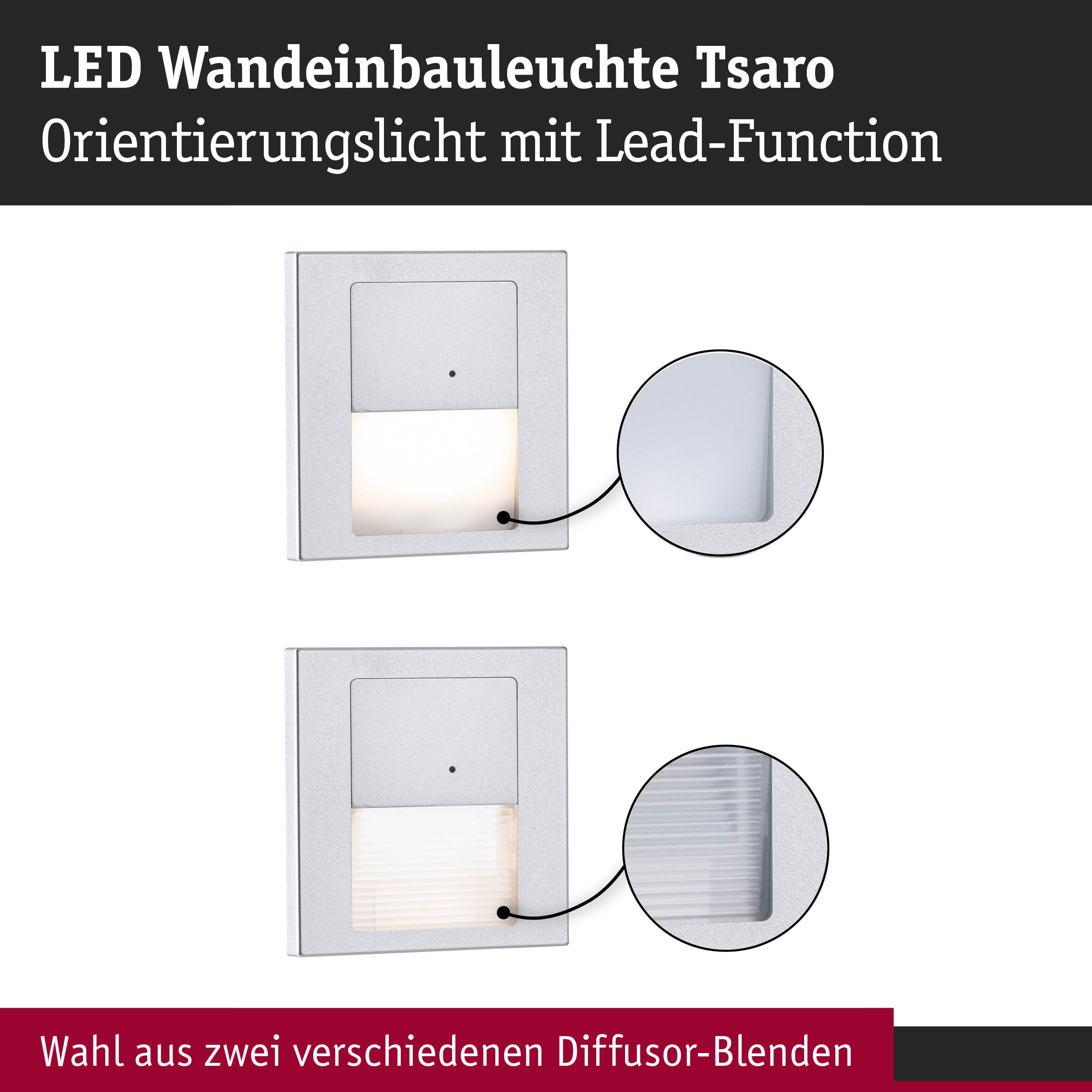 LED Wandeinbauleuchte Tsaro in Silber mit zwei Diffusor-Optionen für orientierende Beleuchtung