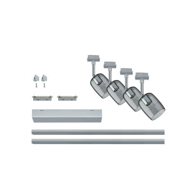 Modulares Schienensystem mit vier grauen Glasstrahlern und silbernen Schienen für flexible Beleuchtung