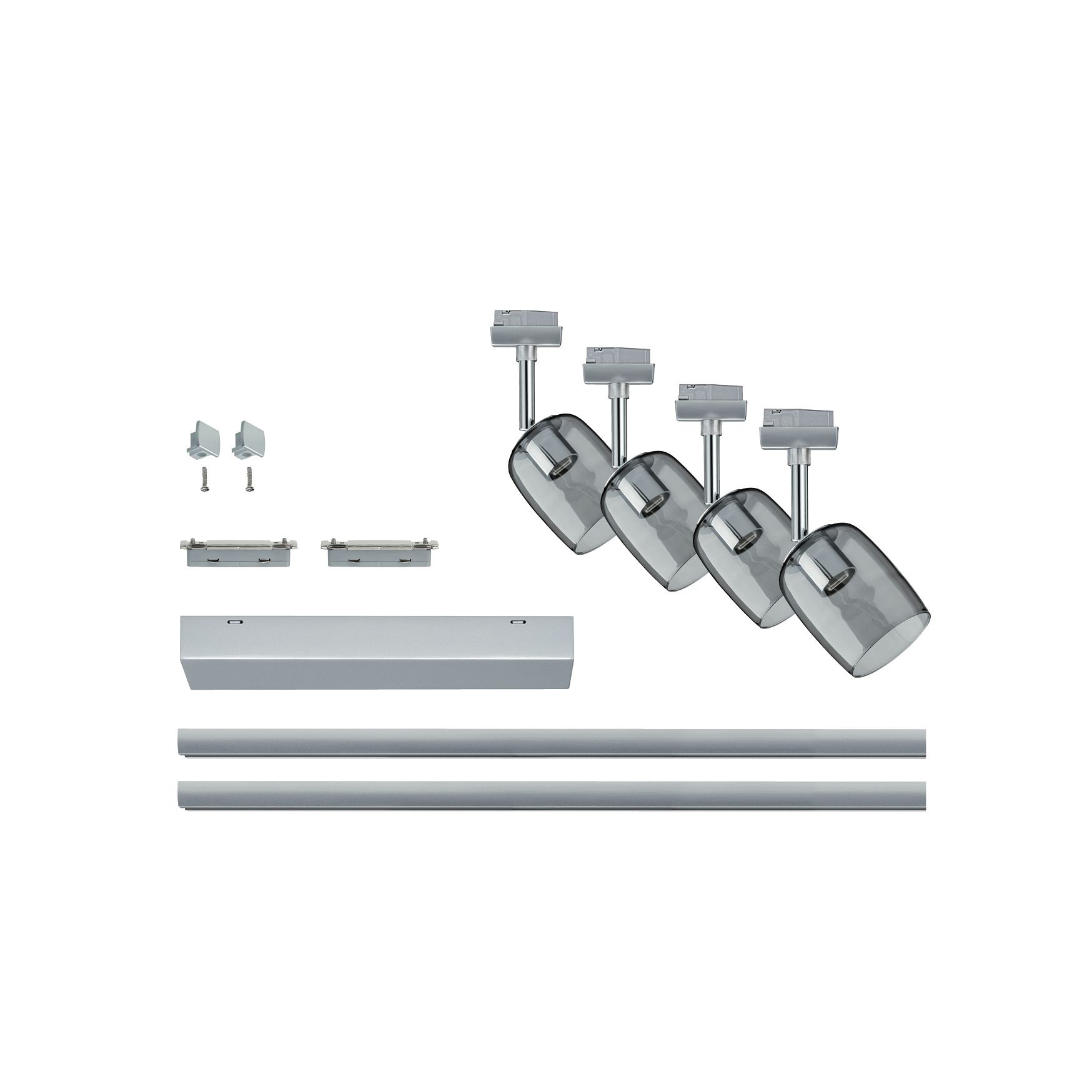 Modulair railsysteem met vier grijze glazen spots en accessoires voor LED-verlichting