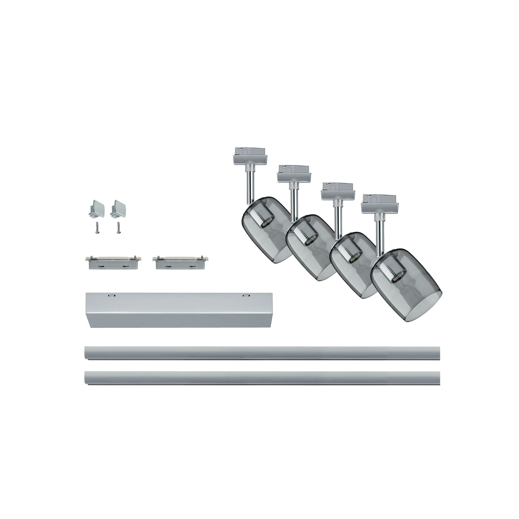Système de rails modulaires avec quatre spots en verre gris et accessoires pour éclairage LED