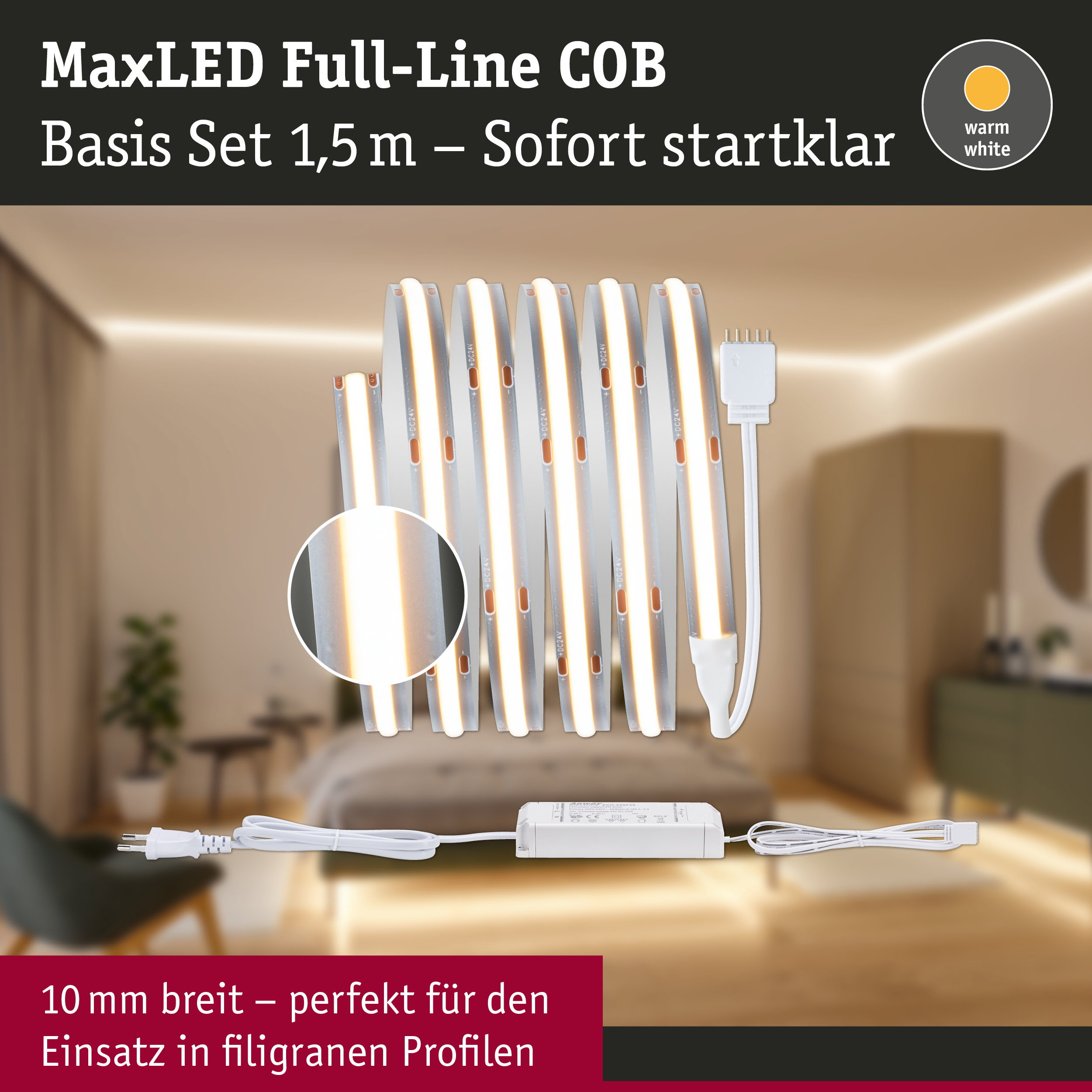 MaxLED Full-Line COB LED-Lichtband 1,5 m warmweiß mit Netzteil für filigrane Profile