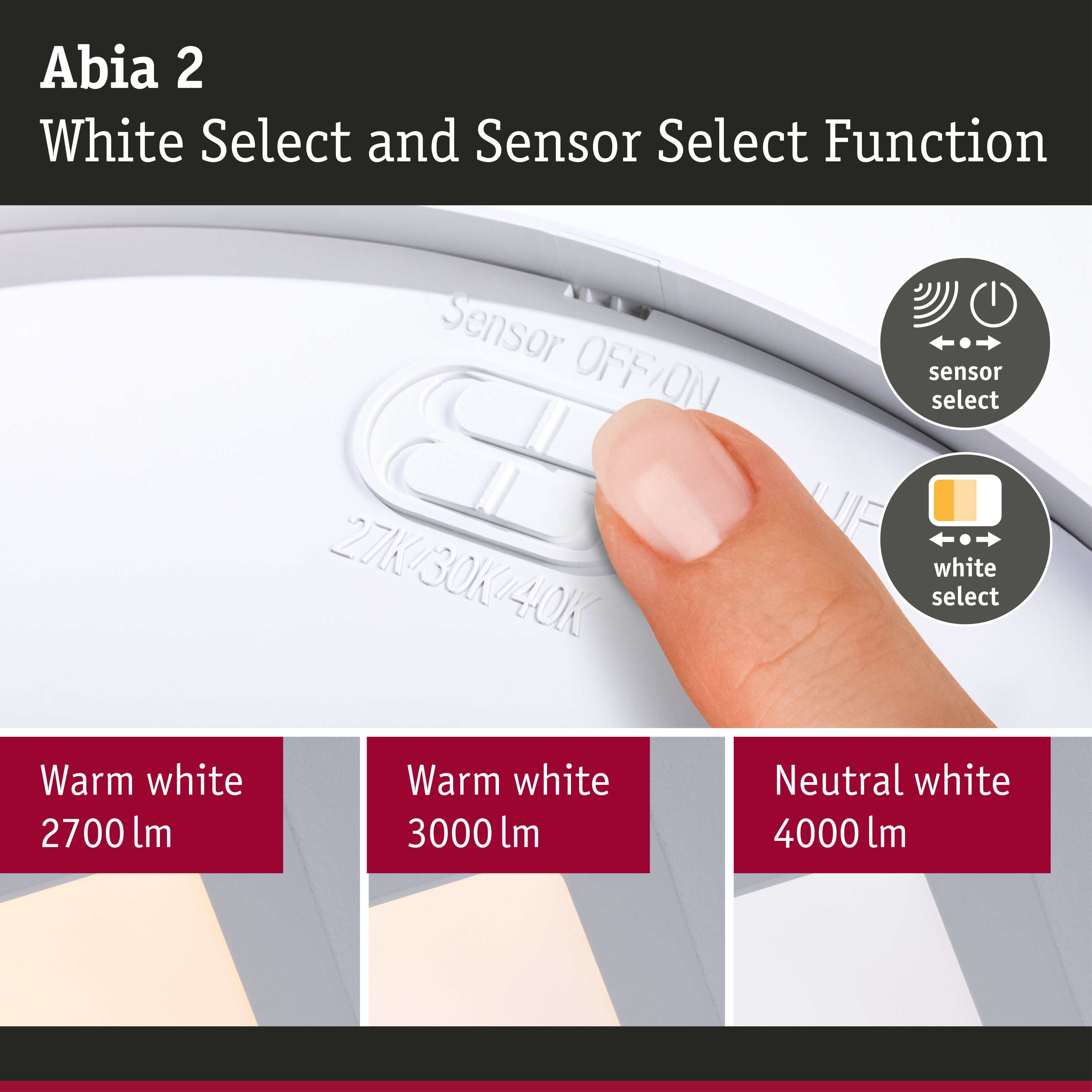 LED Panel Abia 2 White Select Twilight-controlled motion detector (HF) angular 300x300mm 14W 900lm 2700 - 4000K White