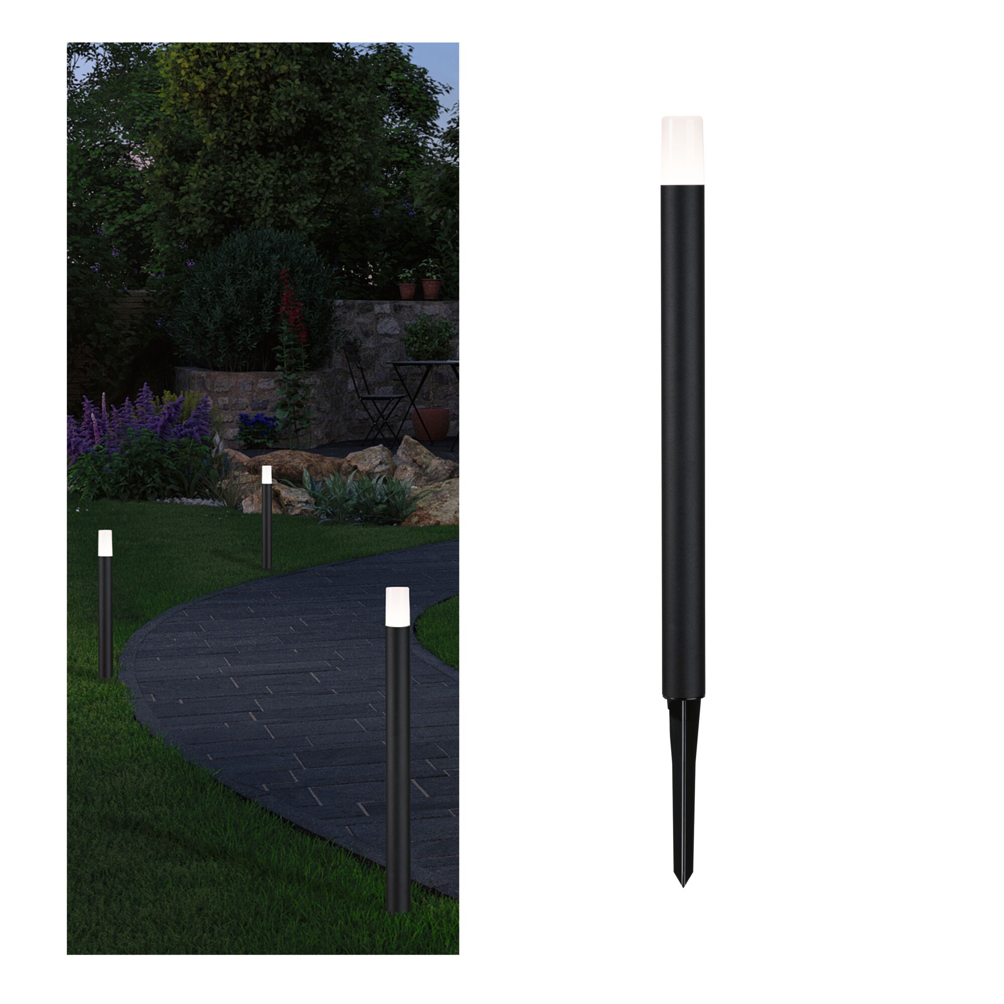 Plug & Shine Borne lumineuse LED Flarea Luminaire individuel IP65 cylindrique 600mm 3000K 3,6W 150lm 24V Noir Métal Lanterne de jardin LED noire avec diffuseur blanc et piquet, idéale pour l'éclairage de chemin extérieur