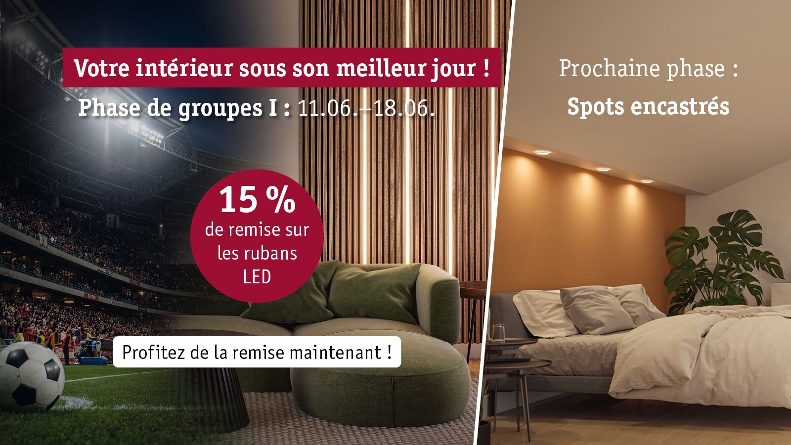Salon avec canapé vert et panneaux en bois éclairés par rubans LED, 15% de remise sur les rubans LED