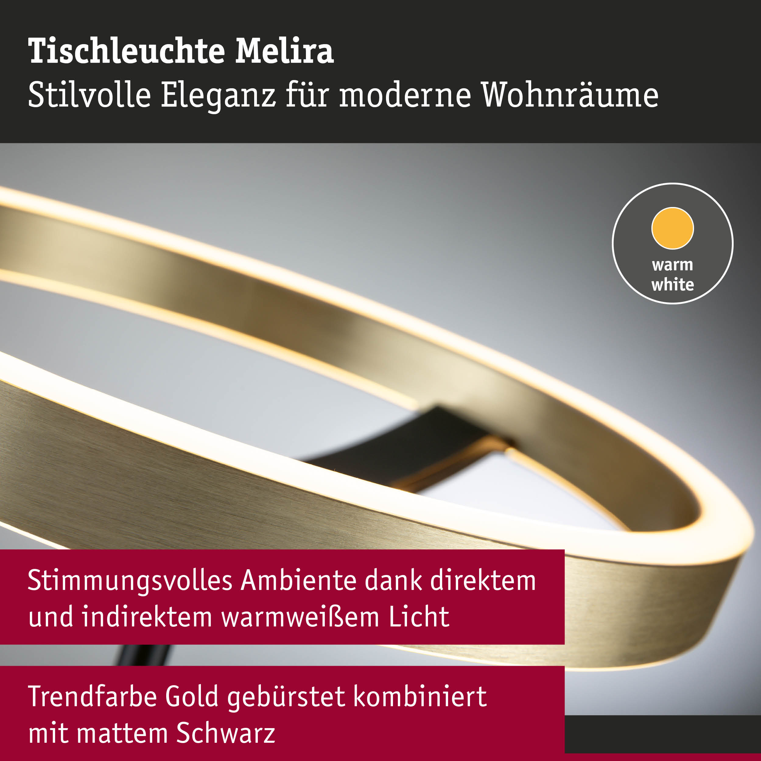 Tischleuchte Melira mit gebürstetem Gold und mattem Schwarz, warmweißes Licht für moderne Wohnräume