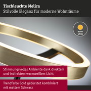Tischleuchte Melira mit gebürstetem Gold und mattem Schwarz, warmweißes Licht für moderne Wohnräume