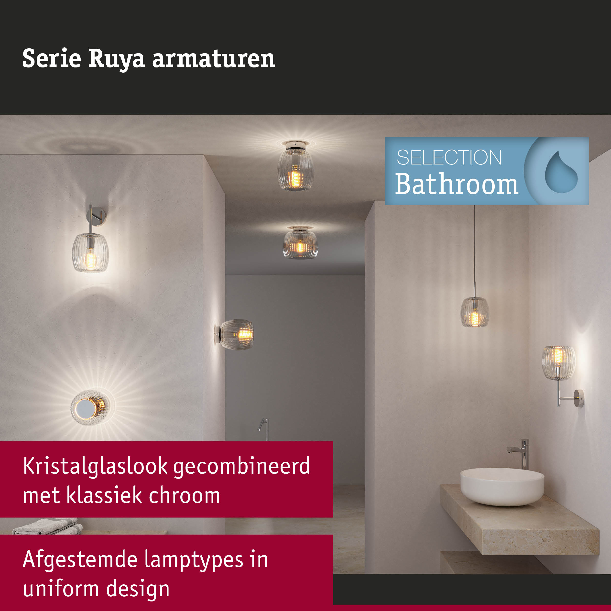 Badkamer met Ruya serie verlichting in kristalglas en klassiek chroom voor stijlvolle verlichting