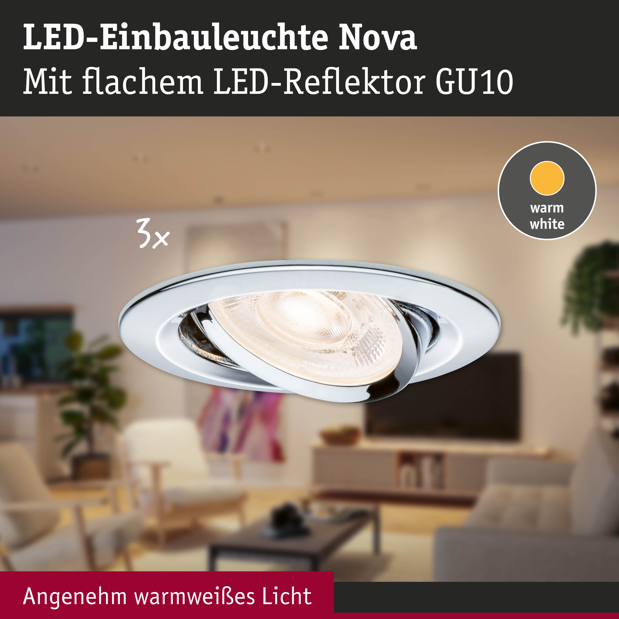 LED-Einbauleuchte Nova mit flachem LED-Reflektor GU10 in Weiß für warmweißes Licht im Wohnzimmer