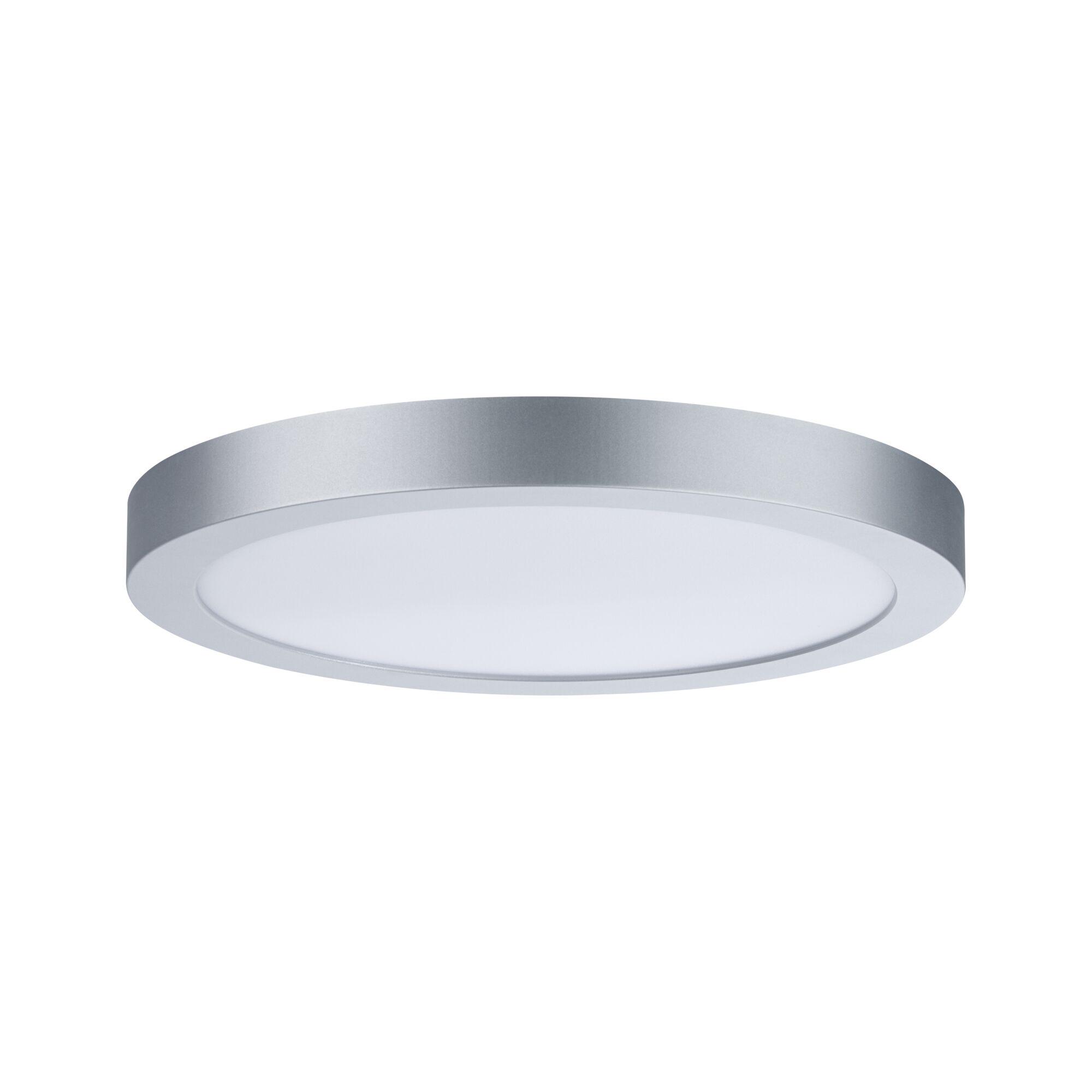 Round ceiling light with silver metal frame and white diffuser for modern interior lighting