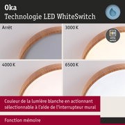 Plafonnier LED avec cadre en bois montrant différentes couleurs de lumière blanche de 3000K à 6500K avec technologie WhiteSwitch