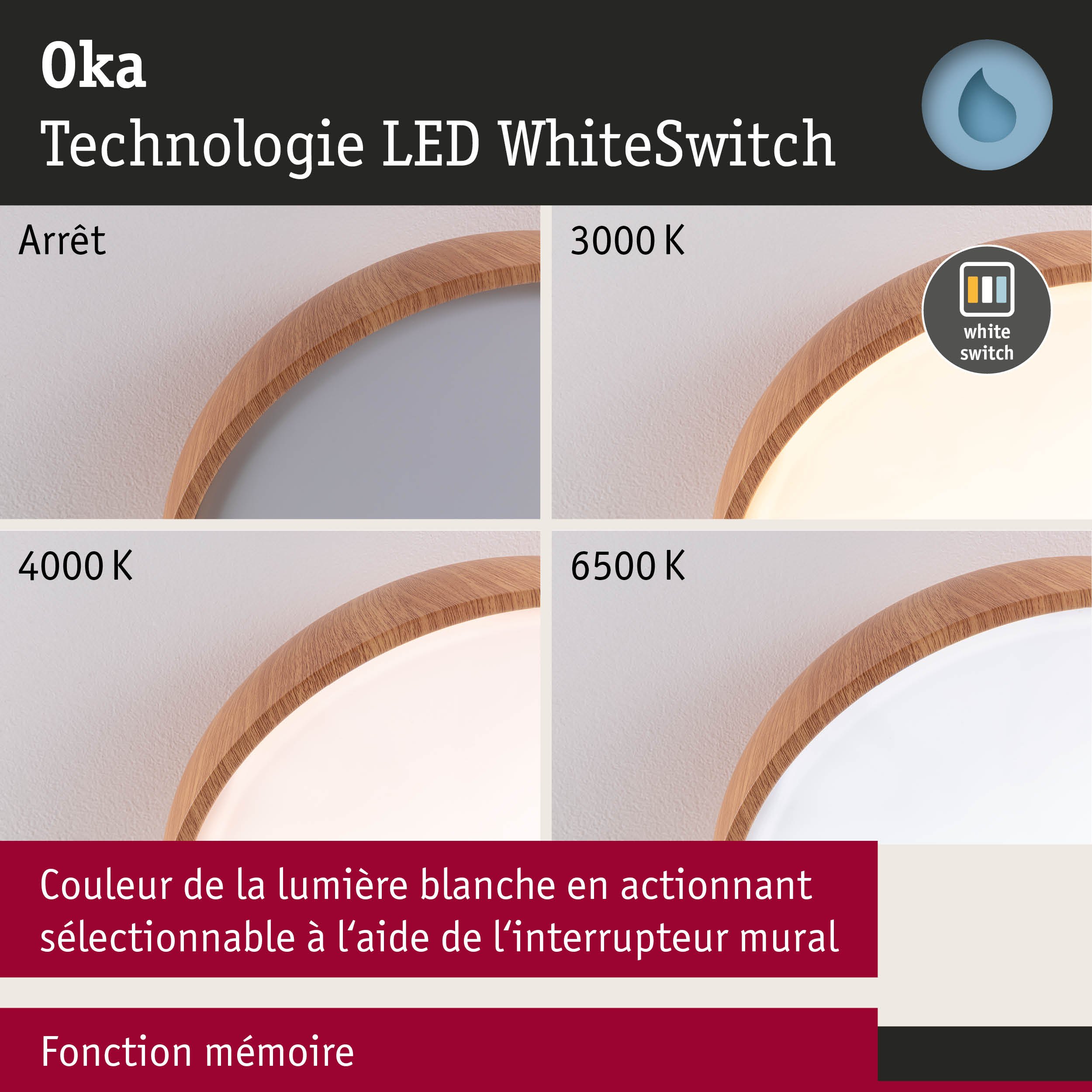 Plafonnier LED avec cadre en bois montrant différentes couleurs de lumière blanche de 3000K à 6500K avec technologie WhiteSwitch