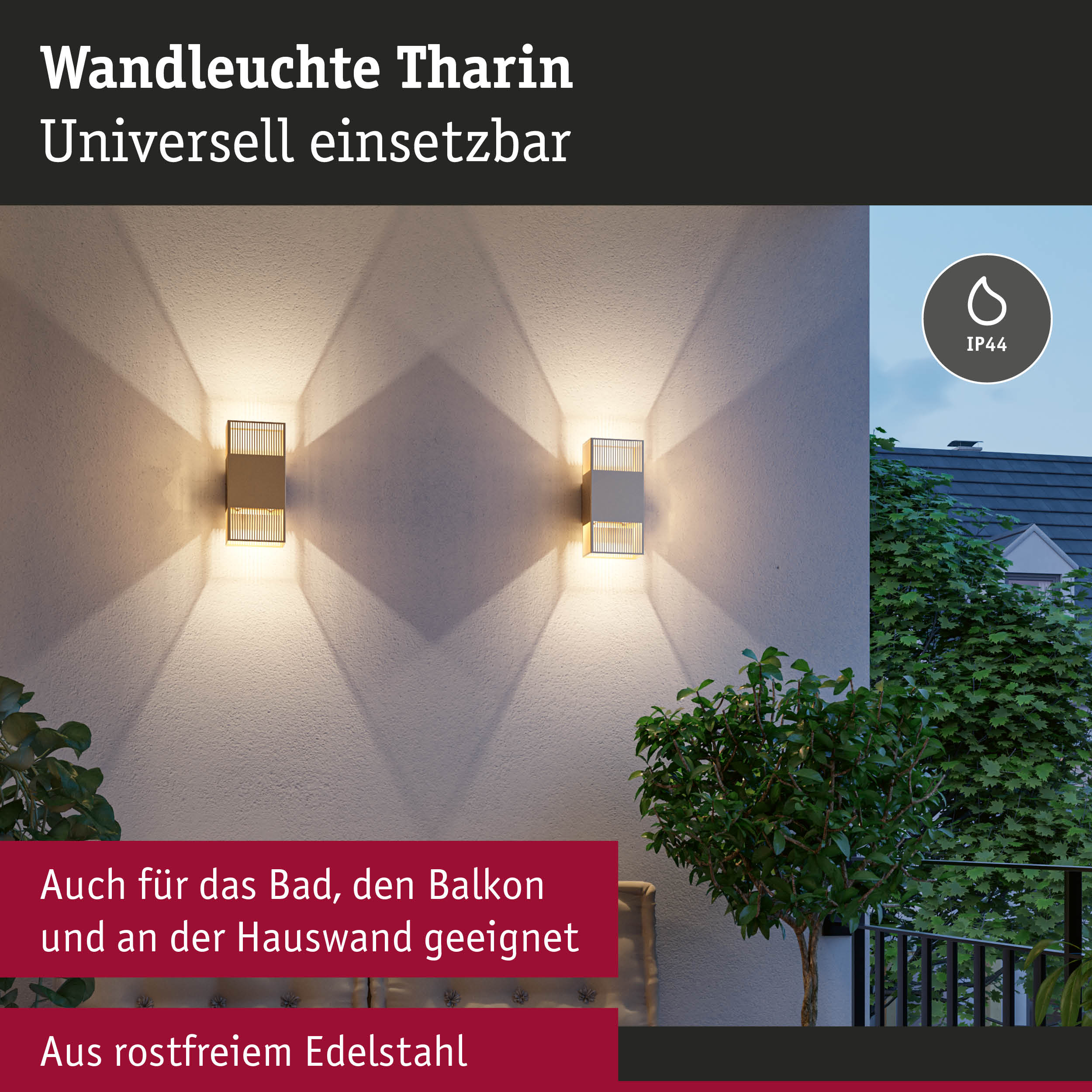 Wandleuchte Tharin aus rostfreiem Edelstahl in Silber mit IP44 Schutz für Bad und Balkon