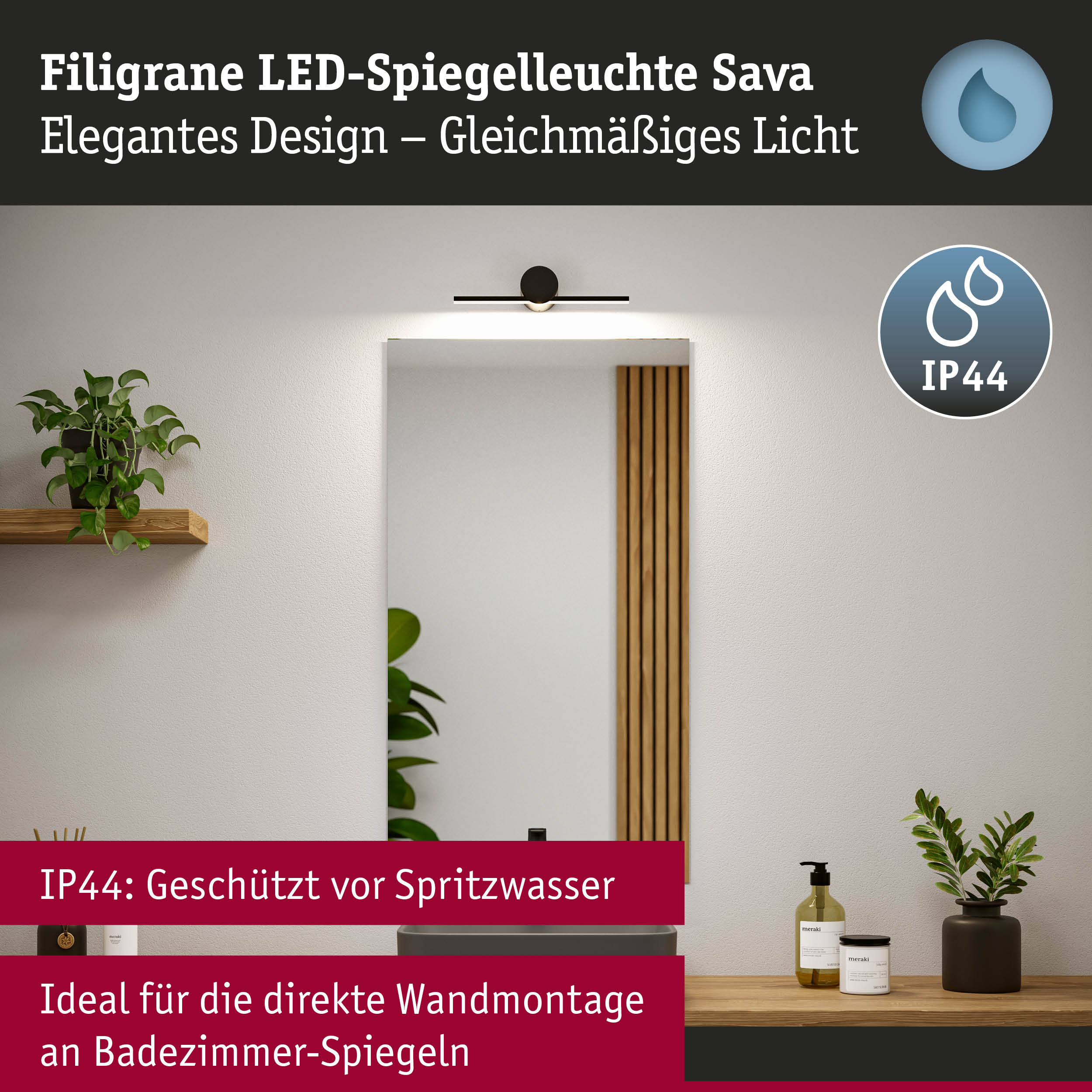 Filigrane LED-Spiegelleuchte Sava in Schwarz mit IP44 Schutz für Badezimmer und gleichmäßiges Licht