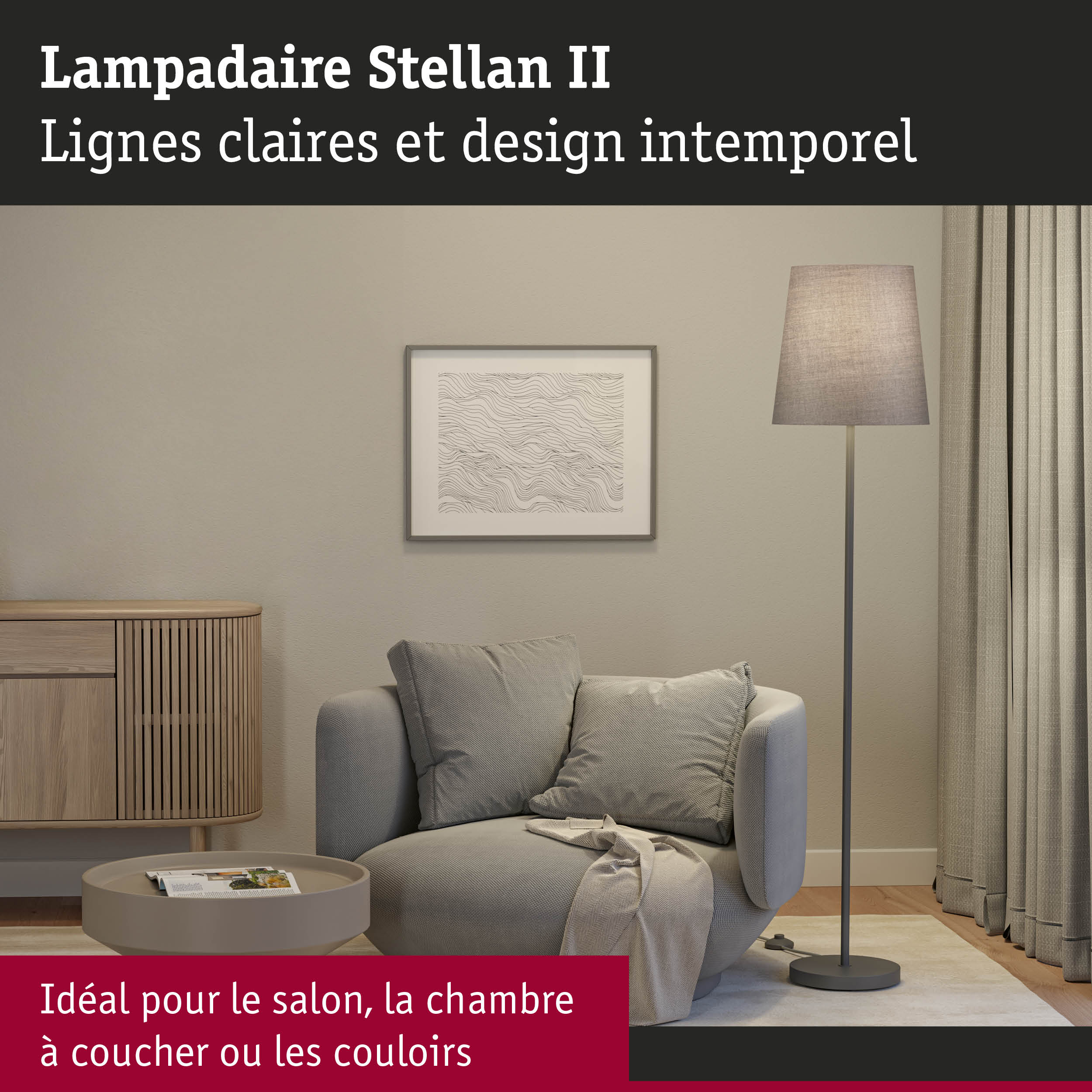 Lampadaire Stellan II avec abat-jour en tissu gris dans un salon moderne avec canapé et meuble en bois