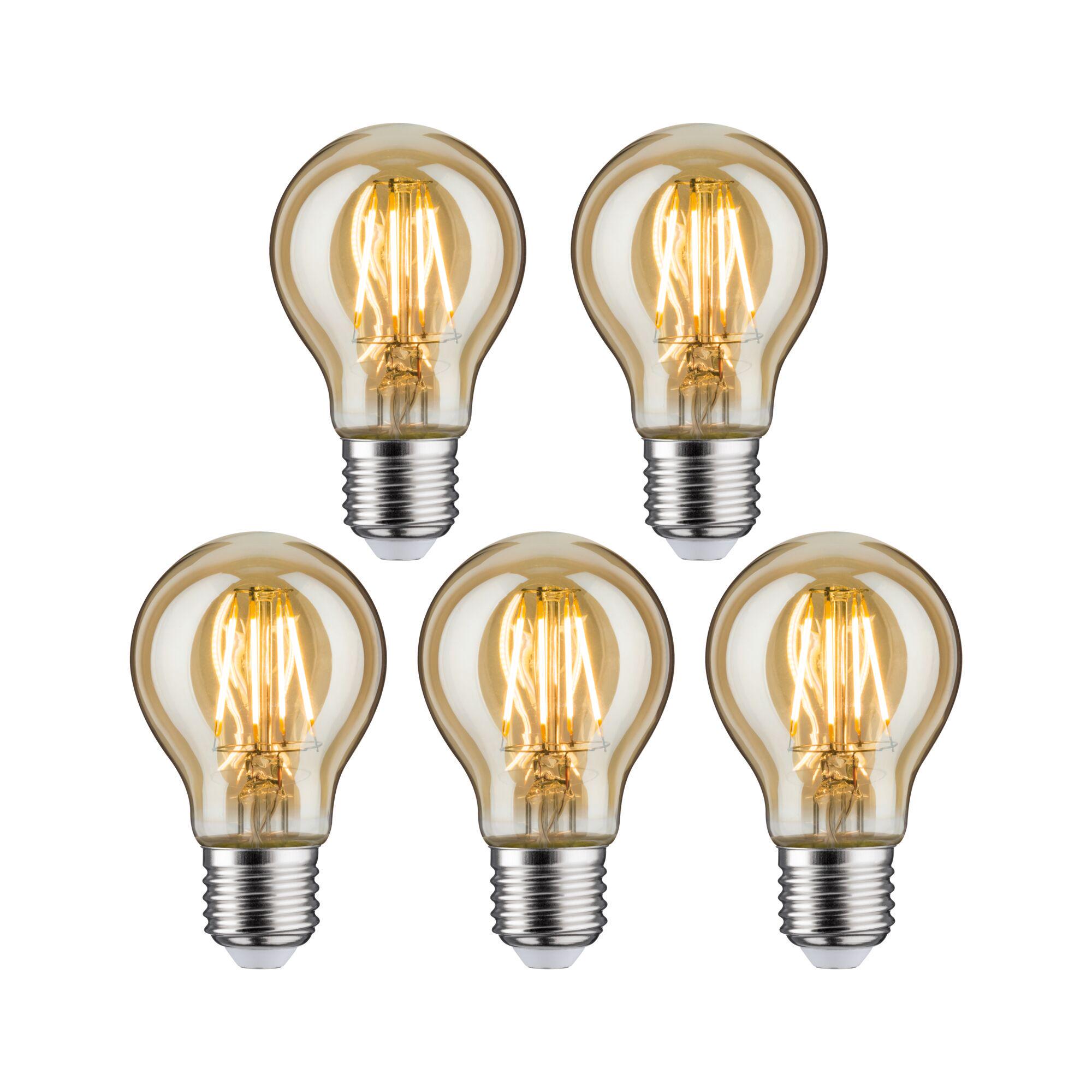 Set of five LED light bulbs with warm white light, E27 base, amber glass for decorative lighting use