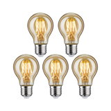 Set of five LED light bulbs with warm white light, E27 base, amber glass for decorative lighting use