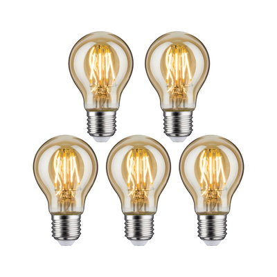 Set of five LED light bulbs with warm white light, E27 base, amber glass for decorative lighting use