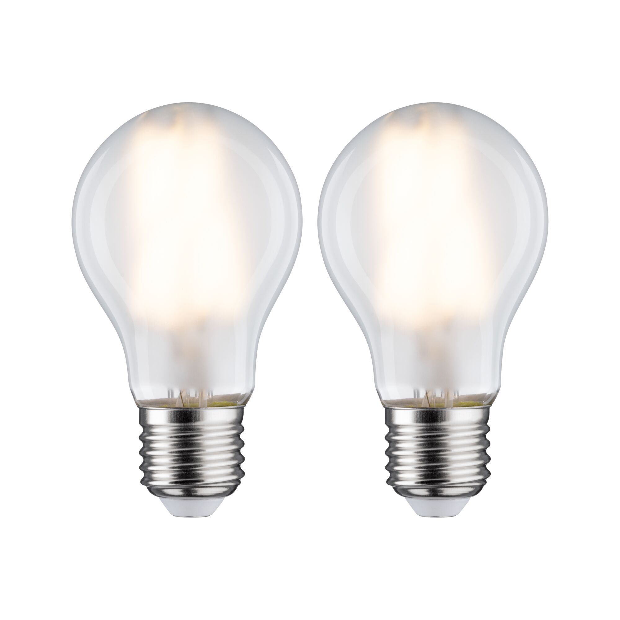 Zwei klare LED-Glühbirnen mit E27-Fassung und warmweißem Licht für energiesparende Beleuchtung